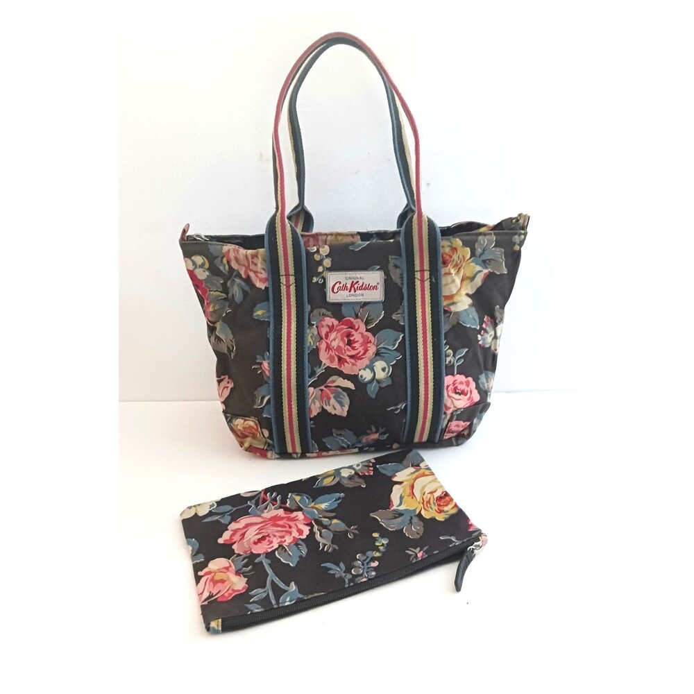 Cath Kidston London Tote w Zip Pouch Dk Gray Coated Canvas Cabbage Rose Print